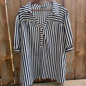 BLOOMCHIC Women’s Navy White Striped Cap Puff Sleeve Collar Blouse Shirt Size 26